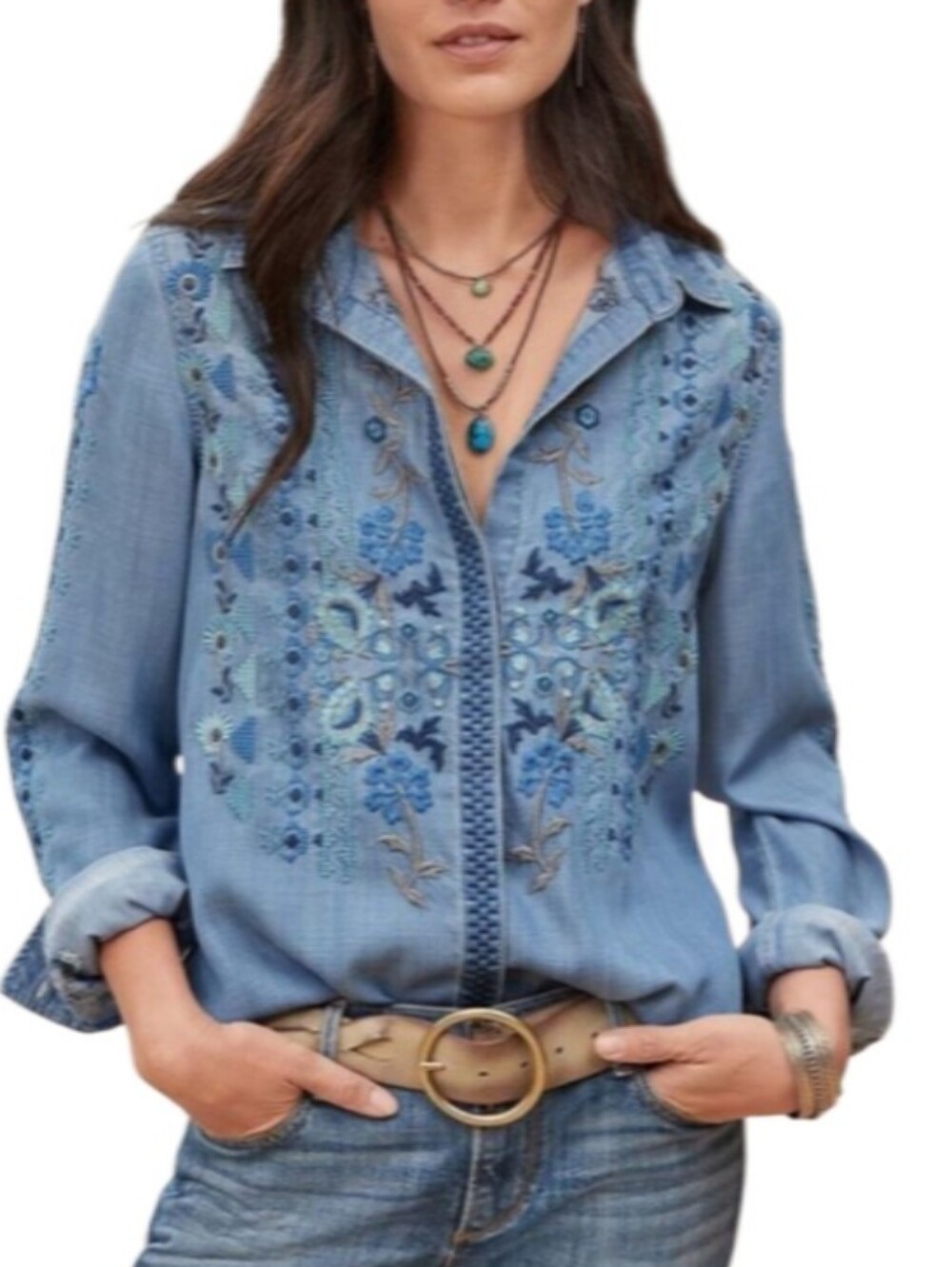 DRIFTWOOD Lana Blue Floral Embroidered Button-Down Top